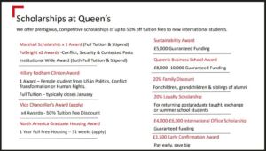 Scholarships at Queen's. We offer prestigious, competitive scholarships of up to 50% off tuition fees to new international students. Marshall Scholarship x1 award (Full tuition & stipent) Fulbright x2 awards - Conflict, Security & Contested pasts. Institutional wide award (both full tuition & stipend) Hillary Rodham Clinton Award 1 award - Female student from US in politics, conflict transformation or human rights. Full tuition - typically closes January. Vice Chancellor's Award (apply) x4 awards - 50% tutition fee discount North America Graduate housing award 1 year full free housing - 51 weeks (apply) Sustainability award 5,000 guaranteed funding Queen's Business School award - 8,000 - 10,000 guaranteed funding 20% Family discount - for children, grandchildren and siblings of alumni 20% loyalty scholarship - for returning postgraduate taught, exchange or summer school students 4,000-6,000 international office scholarship guaranteed funding 1,500 early confirmation award - pay early, save big