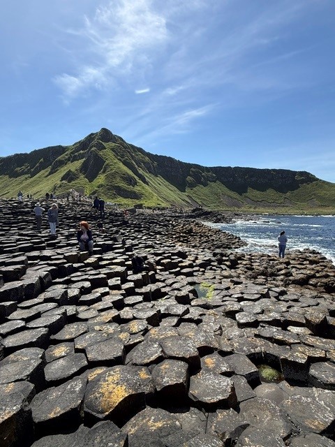 A close-up shot of the tightly packed, interlocking hexagonal stones of the Giant's Causeway, showcasing the uniform, crack-like patterns of the ancient volcanic rock.