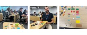 Three-photo collage from a classroom workshop using LEGO bricks. In the left photo, several participants sit at desks in a modern meeting room while colorful LEGO pieces and a green apple rest on a table in the foreground. In the center photo, a participant seated at a desk displays a tray of sorted LEGO bricks to the camera, with other workshop attendees visible in the background. In the right photo, an assortment of LEGO pieces in various colors, shapes, and sizes is carefully arranged in rows on a light wood tabletop.
