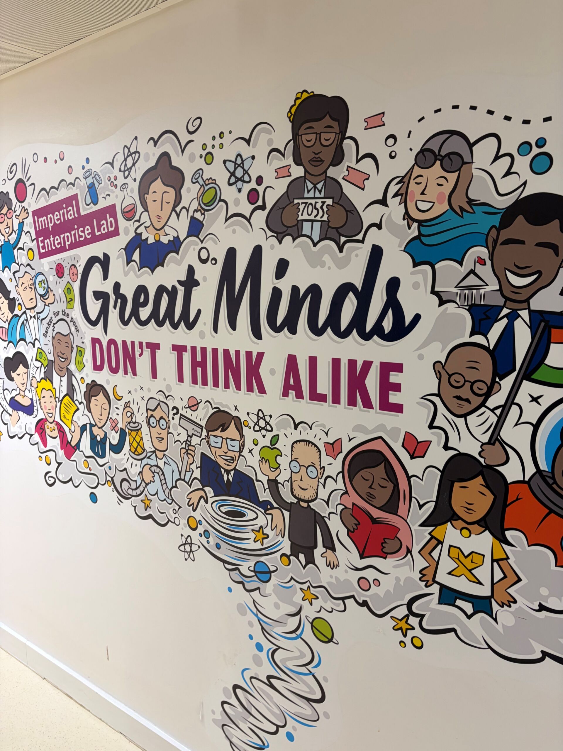A cartoon idea cloud with men and women scientists and thinkers from a variety of backgrounds are shown with their inventions or texts and centralized text reads “Great Minds Don’t Think Alike”