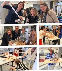 Collage of five photos showing NAFAns participating in a Creative Construction challenge. In the top photo, three NAFAns stand around a table using scissors and measuring tape. The middle-left photo shows four participants posing beside a small cardboard structure. The middle-right photo shows three participants testing a cardboard construction on a tabletop. The bottom-left photo shows participants adjusting a suspended weight connected to a cardboard model. The bottom-right photo shows one participant holding a board with a completed cardboard engineering design.